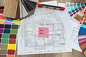 House plan with colour swatches and `need help` text