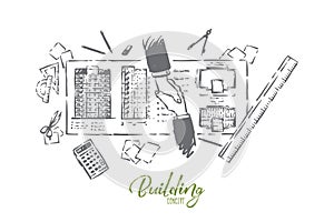 House planning, building business, engineer and client handshake, blueprint and stationery items