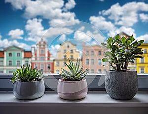 House plants: cactus, succulent on window with view on old colourful houses . Home flower and tourism, travel background