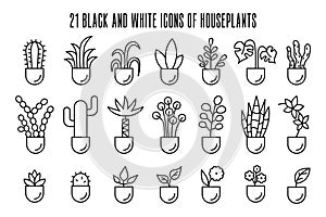 House plants icon set. Decorative flower in pot simple black and white