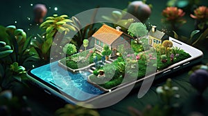 A house with plants and trees emerging from the smartphone screen. Ecology concept. Digital smart farming concept