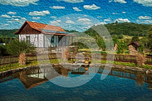 House and pond amid rural landscape