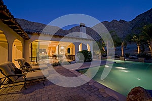 House With Pool In Backyard At Dusk