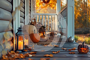 House porch adorned with pumpkins lanterns and candles for festive ambiance. Concept Fall Decor,