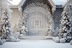 House porch decorated on Christmas with white design, front door in winter holiday. Home entrance with festive trees, garland and