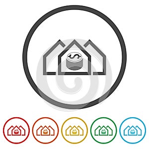 House price or value increase icon. Set icons in color circle buttons