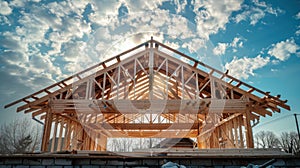 A house in the process of being built, with workers constructing the roof under a cloudy blue sky. The scene captures
