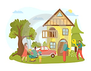 House property purchase or rent home for family vector illustration. Woman man character near new real estate cartoon