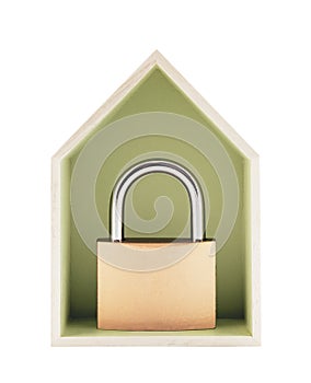 House protection concept. Small wooden house with metal padlock