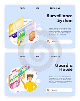 House protection and surveillance system. Home guard, dog, emergency call. Vector web site design template. Landing page