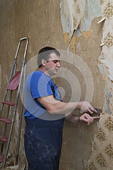 House reconstruction. Worker removes old wallpaper photo