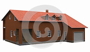 House with red tiled roof isolated on white