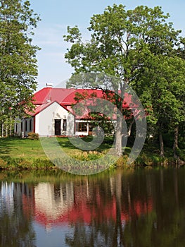 House reflected in lake