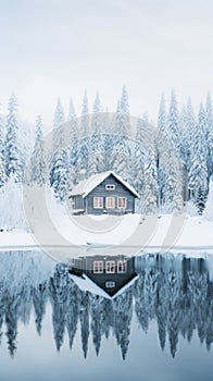 A house is reflected in a lake with snow on the ground, AI