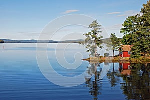 House reflected in scenic lake