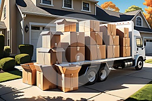 House Removal Truck Packed with Labeled Cardboard Boxes - Delicate Glassware Peeking Out, Furniture Safely Stowed