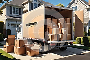 House Removal Truck Packed with Labeled Cardboard Boxes - Delicate Glassware Peeking Out, Furniture Safely Stowed