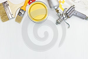 House renovation equipment on white wooden background