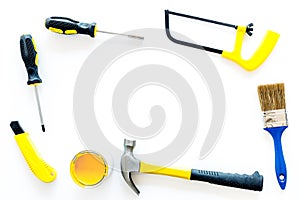 House renovation with implements set for building, painting and repair white table background top view frame mockup