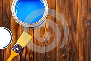 House renovation, paint can on the old wooden background with copy space - Image