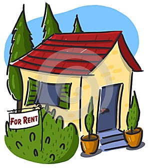 House with for rent real estate sign illustration