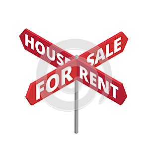 House for rent. Road signboard arrows. For sale. Text title. Real estate agency. Vector flat color Illustration