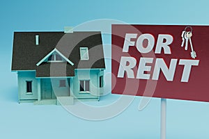 house rental concept. the house next to which the sign is for rent on a blue background. 3d render