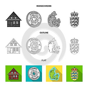 House, residential, style, and other web icon in flat,outline,monochrome style. Country, Denmark, sea, icons in set