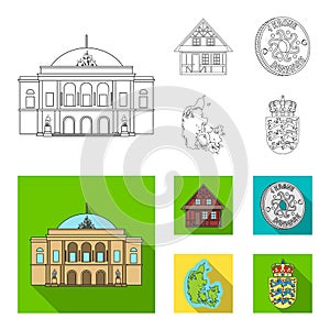 House, residential, style, and other web icon in outline,flat style. Country, Denmark, sea, icons in set collection.