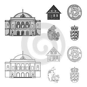 House, residential, style, and other web icon in outline,monochrome style. Country, Denmark, sea, icons in set