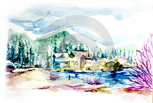 House resort by the lake in mountain illustration