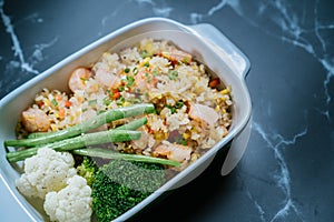 House rice platter with vegetables on rice in chef`s special sauce