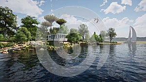 House by the river. Ecohouse in nature. Modern housing in the forest. Architectural 3d project.