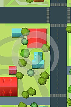 House by road. Streets of city. Top View from above. Small town house and road. Map with roads, trees and buildings