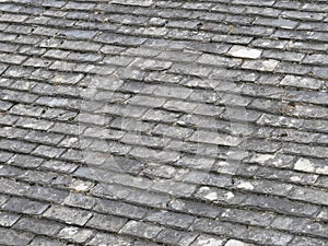 House roof covered with gray slate shingles in Mousehole Cornwall England photo