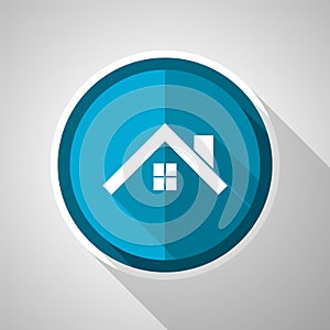 House, roof and window symbol, flat design vector blue icon with long shadow