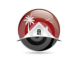 House roof windows palm tree and bird on beach on glossy sphere