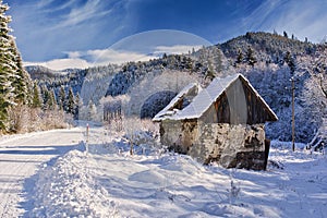 House ruins on Hrochotska dolina valley near Kyslinky settlement during winter