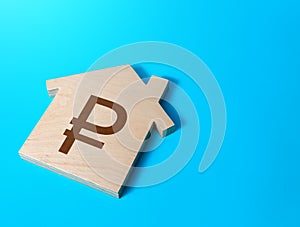 House with a russian ruble symbol. Cost estimate. Search for options, choice of residential buildings. Property price valuation