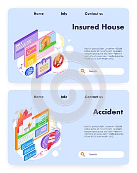 House safety and home insurance. House security, fire and accident protection. Vector web site design template. Landing
