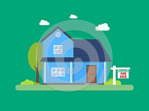 House for sale. Home and sign in the foreground. Estate agency. Vector flat design illustration