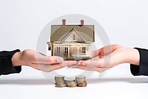 House sale for money, mortgage concept. Hands with house and stack of coins on white background.