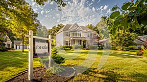 House for sale. Real estate concept - suburban home with a FOR SALE sign in the yard