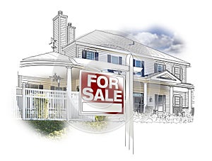 House and For Sale Sign Drawing and Photo on White