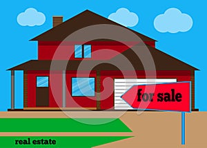 House For sale. The house and sign in the foreground with the information. Vector illustration.