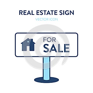 House for sale sign icon. Vector illustration of a house selling signage with a small home image and text FOR SALE. Real estate