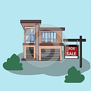 House with For Sale Sign. Picture. Real Estate Sign to advertise a house listing. Basic Sign Sold in front of a modern House