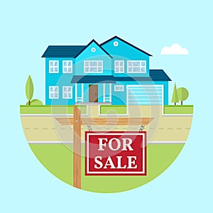 House for sale. Vector flat icon suburban american house. For web design and application interface useful for