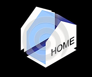 House schematically drawn with linear elements, in 3D three-dimensional perspective.