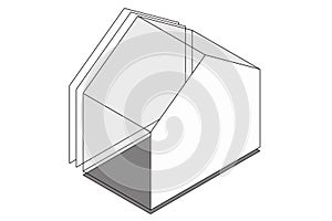 House schematically drawn with linear elements, in 3D three-dimensional perspective.